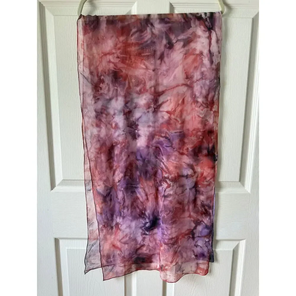 Hand Rolled Silk Chiffon Scarf Purple Pink Watercolor Tie Dye 68x19‎